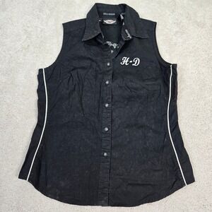 Women's Harley Davidson Sleeveless Button Up Shirt Top Black‎ Motorcycle Biker M